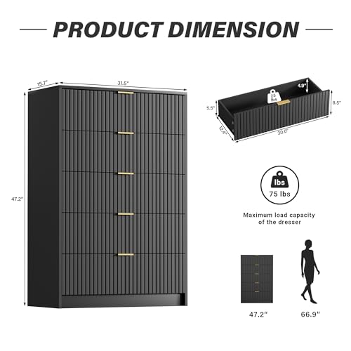 Image of Furniway Black Dresser for Bedroom, Modern Dresser with 5 Drawers and Smooth Slides, Wide Chest of Drawers with Golden Handles for Bedroom, Living Room, Closet, 15.7 inch D x 31.5 inch W x 47.2 inch H