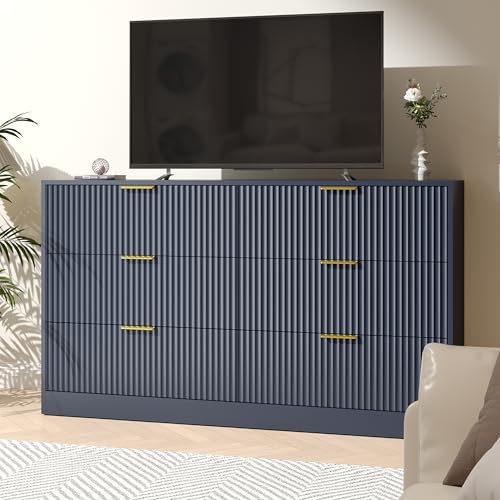 Image of Blue 6 Drawer Dresser for Bedroom,55 inch Wide Fluted Dresser with Gold Handles, Modern Chest of Drawer for Bedroom,Closet, Living Room, Entryway, Hallway(Blue,6 Drawer Dresser)