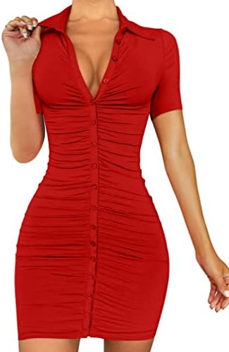 DAAWENXI Women Summer Sexy Short Sleeve Ruched Button Night Out Mini Club Shirts Dress Red