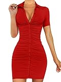 DAAWENXI Women Summer Sexy Short Sleeve Ruched Button Night Out Mini Club Shirts Dress Red