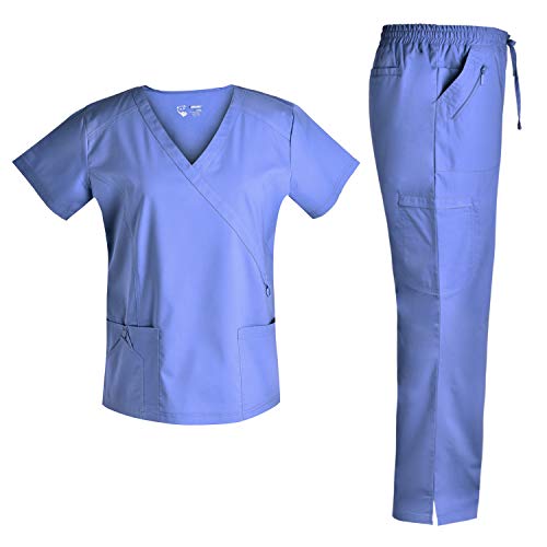 Women Stretch Scrubs Set - Pandamed Stretch Scrubs Mock Wrap Scrubs top Scrubs Pants Multiple Pockets TCS3101 (Ceilblue, L)