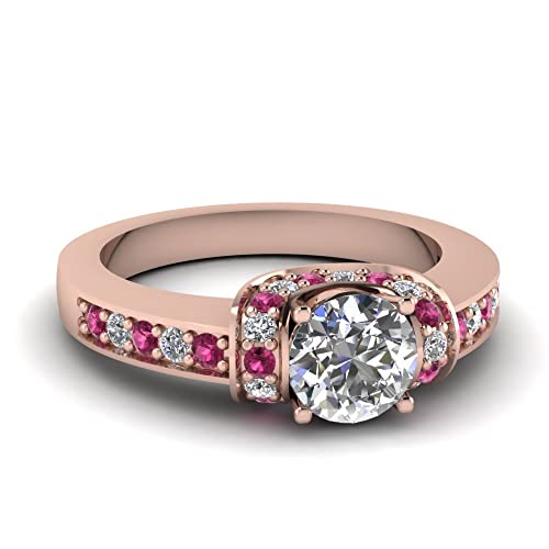 Cadeau femme bague halo pierre précieuse ronde et pavage diamants or rose