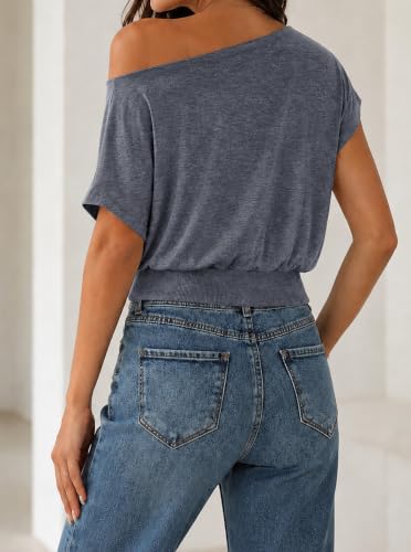 Image of SOFIA'S CHOICE Women's Off The Shoulder T Shirt Crop Top Casual Summer Dolman Sleeve Asymmetrical Cinched Waist Tops