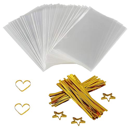 Coolake Clear Treat Bags 200 Pcs (4" By 6") Cellophane Bag Clear Candy Bags With 200Pcs Twist Ties For Wedding Gift Cookie Candy #TOP18