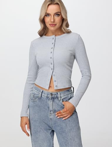 Womens Long Sleeve Tops Fall Lightweight Cardigan Cropped Going Out Shirts Ribbed Button Down Cute Trendy 2025