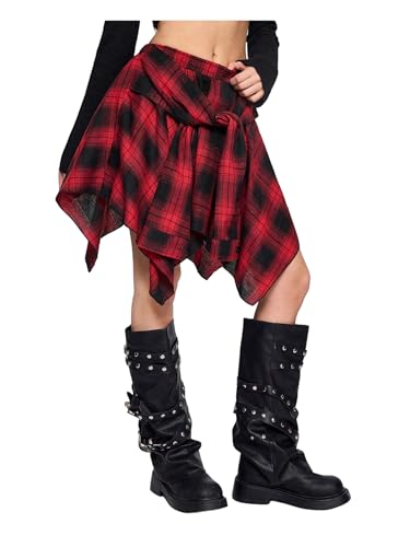 GORGLITTER Women's Y2k Goth Plaid Ruffle Flowy Asymmetrical Skirt Western Cowgirl Skirts