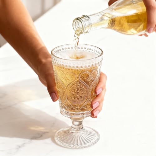 ZAVOOS Set of 6 Clear Glass Goblet, 12 Oz Vintage Romantic Wine Glasses, Embossed Floral Glass Cups Set, Bar Tumbler Drinking Glassware for Iced Tea, Wine, Beer, Juice, Cocktail, Whiskey