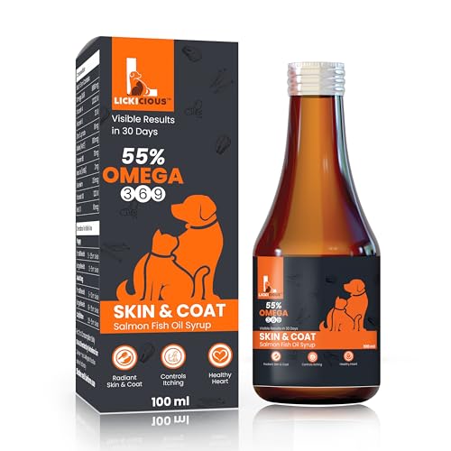 LICKICIOUS Skin & Coat Syrup for Dogs & Cats 100 ml | 55% Salmon Fish Oil, Omega 3 6 9 | Shinier Coat, Itch & Allergy Control | Improves Skin & Hair Health | Nutritional Supplement/Tonic for Pets