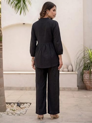 Image of TAGDO Co Ord Set for Women Stylish | Linen Kurta Set for Women | Mandarin Neck & Button Kurti Tops with Straight Fit Pants | Casual, Office & Travel Wear Two-Piece Outfit (2062)