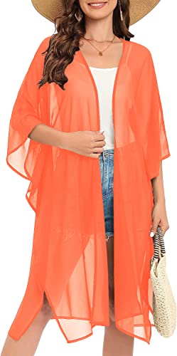 Image of Indian Trendy Women's Solid Puff Sleeve Kimono Long Cardigan Loose Cover Up Casual Blouse Top Chiffon