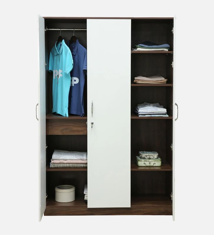 Image of Mintwud Pepperfry Engineered Wood Wardrobe with 3 Doors Storage | Wooden Almirah for Living Room Bedroom Furniture | Storage Organizer Cabinet Cupboard for Clothes (Ivory, Wenge Finish)