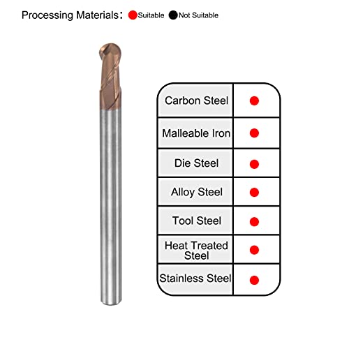 Image of uxcell Ball Nose End Mill 2mm Tip Radius Solid Carbide AlTiSin Coated CNC Router Bits 2 Flute Spiral Milling Cutter HRC55 with 4mm Shank 50mm (2-inch) Length