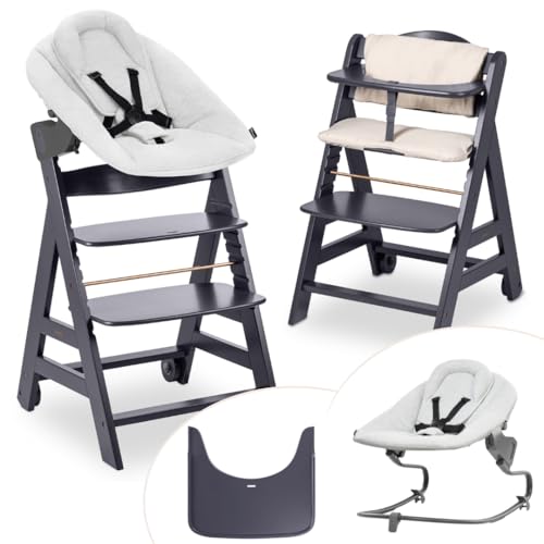 hauck Beta Newborn Set de Trona de Madera para Bebés - Tronas Evolutivas para Recién Nacidos con Hamaca Premium Cojín y Bandeja - Silla Alta Niños Comedor - Gris