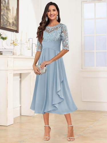 Tea Length Chiffon Mother of The Bride Dresses for Women Lace Applique Half Sleeve Ruffles Formal Wedding Guest Dresses2