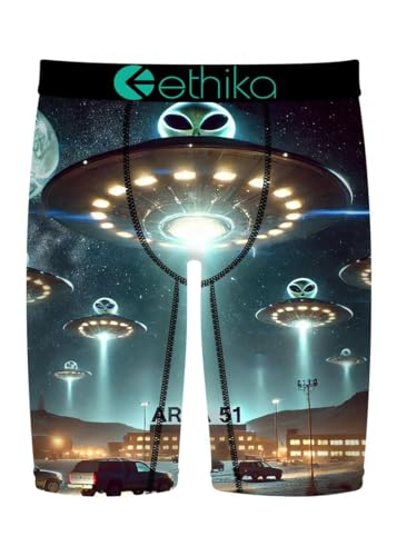 Ethika Men’s Boxer Brief, Knee Length, 4-Way Stretch Performance Underwear with Graphic Prints – Alien UFO (AST, XXL)