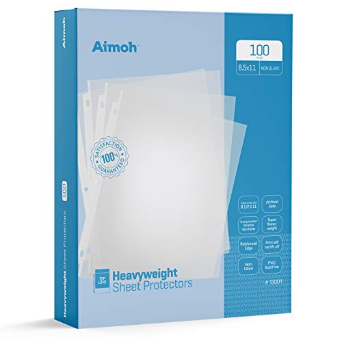 Aimoh Heavyweight Reference NonGlare Sheet Protectors 100-Count  Page Size  Fits 8.5 x 11 Paper  Reinforced Edge  3 Hole Design  9.25 x 11.25  Top Load (13001)