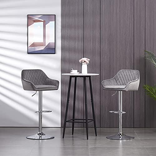 AINPECCA 2X Modern Bar Stools , Gray Velvet Fabric Seat with Armrest and Back, Adjustable Swivel Gas Lift, Chrome Footrest and Base for Breakfast Bar, Counter Kitchen Chairs and Home Barstools