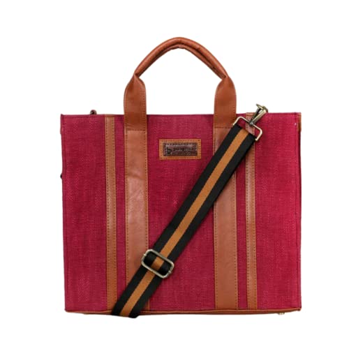 Image of Book Tote Handbag | Handloom Woven Cotton And Vegan Leather | Laptop | Tote Bags for Women For Office Use, Work | Ladies Stylish Shoulder Bag | Ethically Sourced, Lightweight