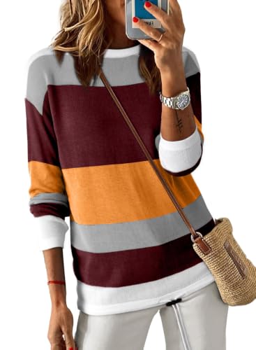 Image of Dokotoo Womens Sweaters Striped Fall Winter Outfits Drawstring Color Block | Long Sleeve,Crewneck,Lightweight Fashion Clothing,Teachers Comfy Outfits,Business Casual Tops,Vacation Wear