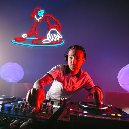 Image of DJ Player Neon Sign Bar Neon Light Wall Decor 16.5 * 12.6 Inch LED DJ Light Up Sign for Bar Club Live Music Concert Bedroom Party Neon Decor (USB Dimmable)