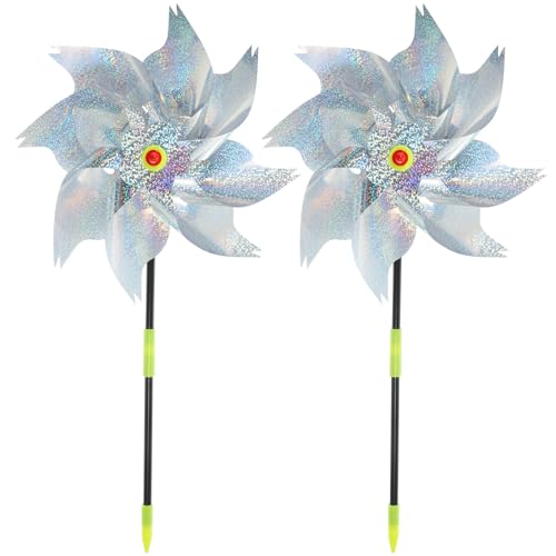 BIUDECO Girandola a Vento da Giardino Argento 2 Pezzi Dispositivo per Uccelli Effetti Riflettenti Decorazione Esterna per Balcone Prato e Orto