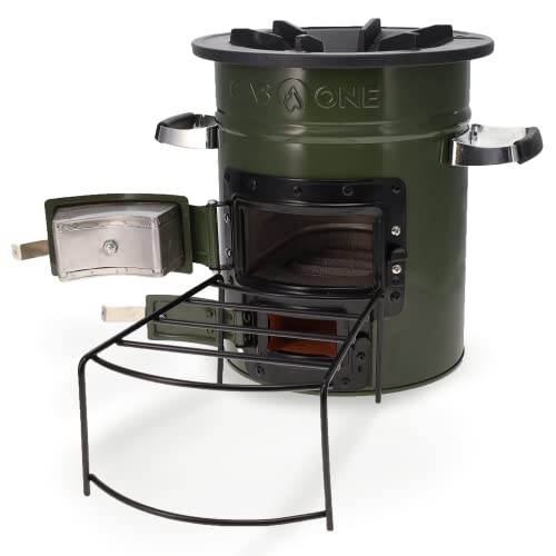 GasOne Premium Wood Burning Rocket Stove Camping for Backpacking, Hiking, RV and Survival - Insulated Barrel Stove Kit with Silicone Handles β Military Green