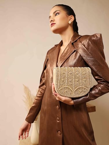 Image of THE TAN CLAN Kavya Beige Flap Over Bag Clutch Purses Luxury Evening Handbags with Handle