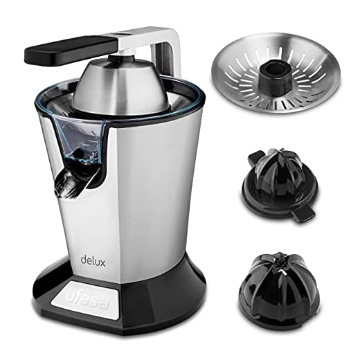 Ufesa Citruspress elektrisk, juicepress med hävarm, 600 W, anti-stänk, rostfritt stålfilter, rostfritt stål