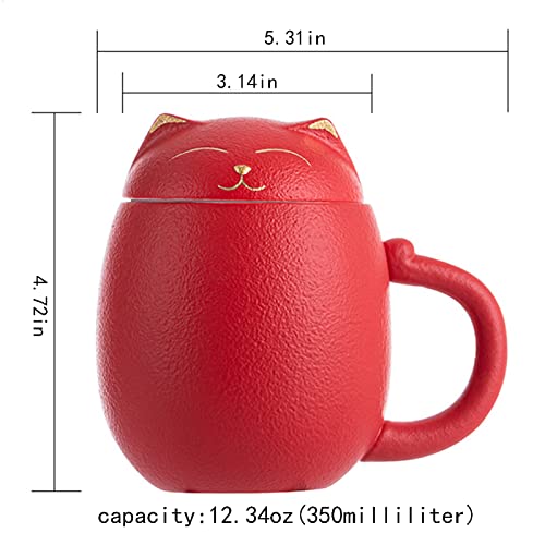 Duanmul Cat Mug Cute Ceramic Coffee Cup With Infuser And Lid,Filter For Steeping Loose Leaf,Kawaii Coaster,Novelty Morning Cup Tea Milk Christmas Mug Chinese Handmade Porcelain Teacup(Red) #TOP5