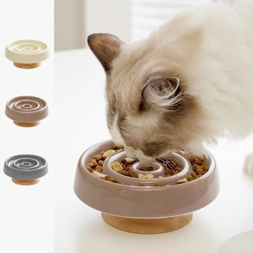 早食い防止 食器 最後まで食べやすい 猫 小型犬 陶器 洗いやすい 安定 3色展開 高さ2種類 (アイボリー, 木台なし) (2,スモークピンク)