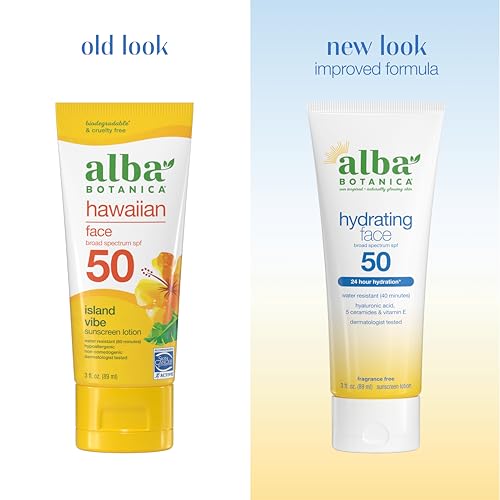 Alba Botanica Hydrating Face Sunscreen Lotion, SPF 50 Broad Spectrum Protection, 24 Hour Hydration, Water Resistant (40 minutes), Fragrance Free, Oxybenzone-Free, 3 Fl. Oz