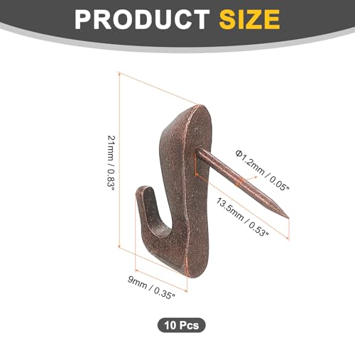 Image of uxcell 10 Pcs Push Pin Picture Hooks, Zinc Alloy Picture Hanging Nails Thumb Tacks Hanging Hooks with Nails for Wall Wooden Board, Copper