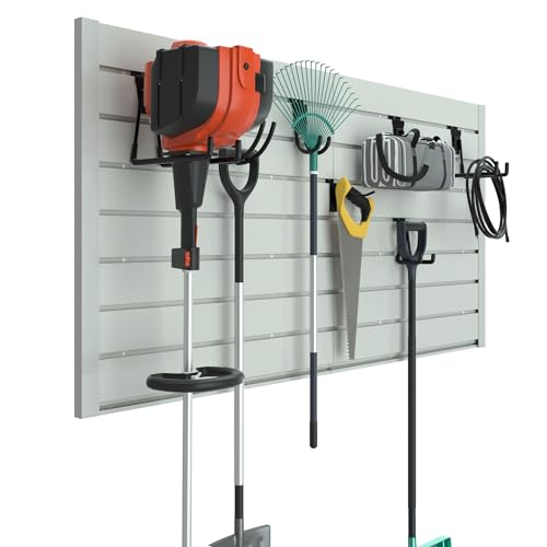 RELIANCER PVC Slat Wall Panels,4ft by 2ft (8 sqft) Garage Wall Organizer Storage System,Interlocking Slatwall Paneling Sheets,Workshop Slatwall Shelves Tools Organization,Wall Mounted Storage Rack by RELIANCER - Used condition - US$46.99