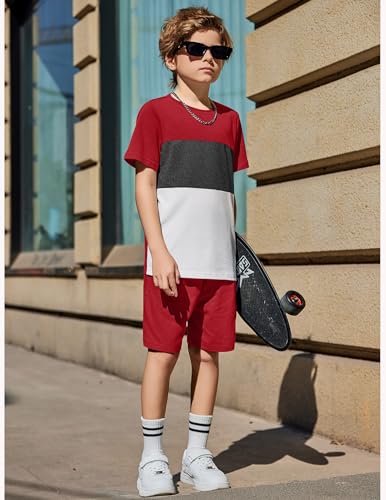 Image of Arshiner Boys' 2-Piece Cotton Outfit Color Block T-Shirt and Shorts Set Summer Camo Clothes for Kids 5-14 Years