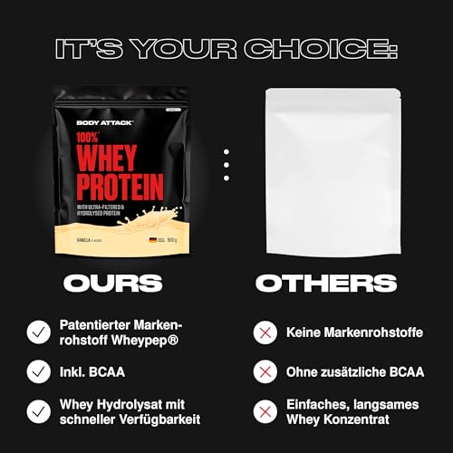 Body Attack 100% Whey Protein Natural - 900 g - Made in Germany - Extra cremiges Eiweißpulver mit Hydrolysat & BCAA´s, unterstützt Muskelaufbau und Diäten - Für Sportler & Athleten