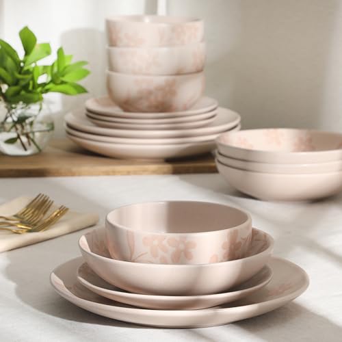 Image of Gibson Home Admiral Hall Plates and Bowls Set, 16-Piece Floral Dinnerware Set, Pink Stoneware Dish Set, Dinner Plates, Salad Plates, Pasta Bowls & Cereal Bowls