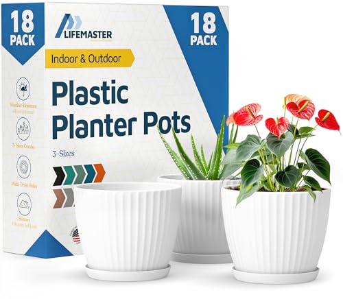 White 6-Inch Plant Pots with Drainage & Saucers 18 Pack, Indoor & Outdoor Planters for Houseplants, Herbs, and Flowers, Durable & Weatherproof Material, Stackable, Lightweight, Minimalist Design