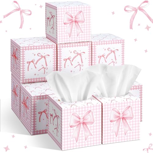 Image of Fourluoo 12 Pack Pink Bow Facial Tissue Cube Boxes 600 Sheets 3 Ply | Square Bow Coquette Party Style, Small Square Face Tissues Bulk for Birthday Bridal Bachelorette, Gingham Checkered Decor