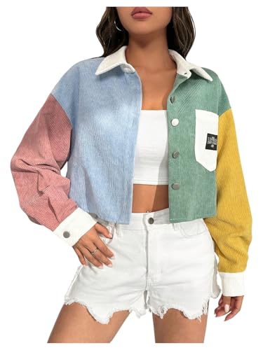 Women's Button Down Corduroy Crop Jacket Color Block Long Sleeve Cropped Coat Outwear