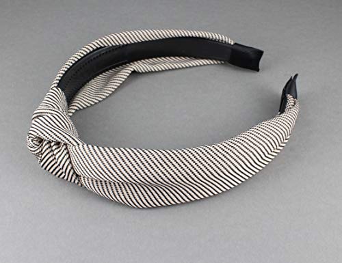 Beige Black Pinstripe Turban Knot Headband Stripe Fabric Covered Band Grip Teeth Headband Khaki #TOP3