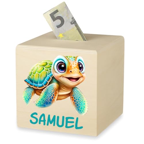 Personalisierte Holz Spardose für Jungen - Kinder Sparbüchse mit Namen - 10x10 cm Geschenk aus Holz zum Geburtstag, zur Einschulung oder Taufe - Geldspardose für Münzen und Scheine