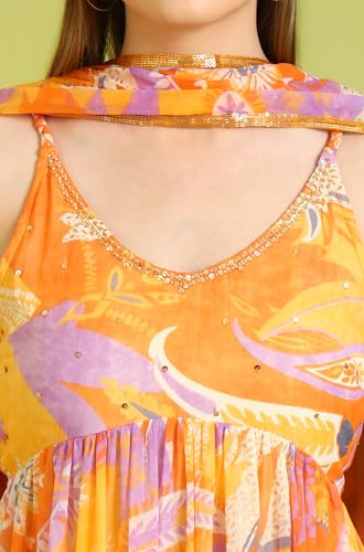 Image of W for Woman Orange Abstract Printed Tiered Spaghetti Kurta and Leggings Set with Dupatta