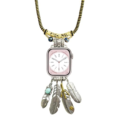 HMLXSH Necklace Adapter Pendant Compatible with Apple Watch, Handmade Watch Life Tree Necklace Double Ring Connector Bracelet, Watch 8/76/5/4/SE/9/S10 Feathers, Unisex Lanyard (Feather: 38 40 41mm)
