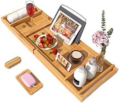 Bath Tub Tray Wood OHS Bath Trays For Across The Bath, Home Spa Bath Caddy Bamboo Bath Tray Wooden Bath Table Organiser Candles Wine Glass Books Shelf Over Bath For Accessories, White
