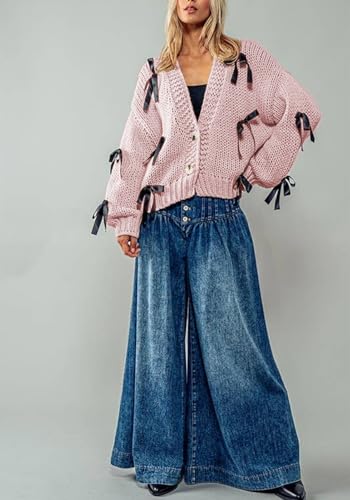 Image of Valentine's Day Cardigan Sweaters for Women Love Heart Print Button Down Cropped Cardigans Y2K Open Front Knit Sweater