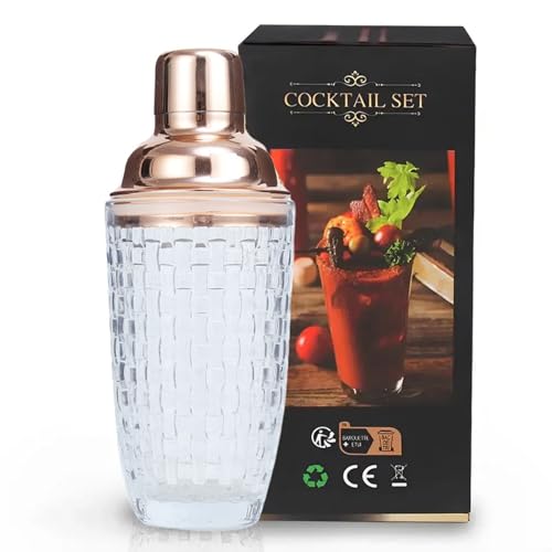 UXIYI Glass Cocktail Shaker Kit,350Ml Mixer Professional Thickened Drinking Shaker Cocktail,Leakproof Metallic Steel Lid&Strainer,Rose Gold