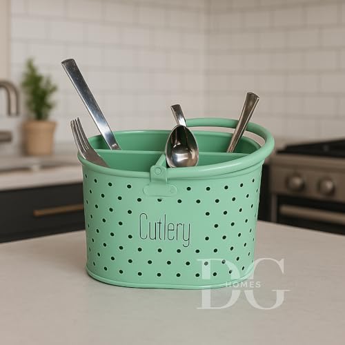 Image of D&G Homes Metal Cutlery Holder | Stainless Steel Spoon & Fork Stand | Multi-Compartment Organizer | Rust-Resistant | Compact & Stylish | Kitchen & Dining Use |Easy to Clean|17x12x10cm |Green Polka