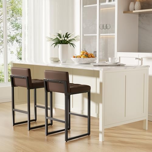 Image of Brown 24 inch Bar Stools Set of 2, Modern Faux Leather Counter Height Bar Stools with Low Back and Footrest, Sturdy Thickened Metal Leg, Upholstered Kitchen Bar Chairs for Island