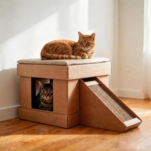 Casa para Gato com 2 Arranhadores e Rampa – Toca 2 em 1 Modelo Kubo com Almofada