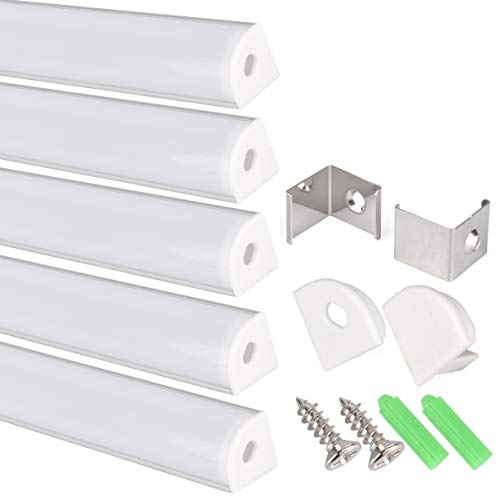 Perfil en V de aluminio para tira LED, Pack de 5 canaletas de 1 metro para LED con cubierta/tapa blanca translucida protectora. Incluido todo necesario para montaje. (PLATA 001) Cover